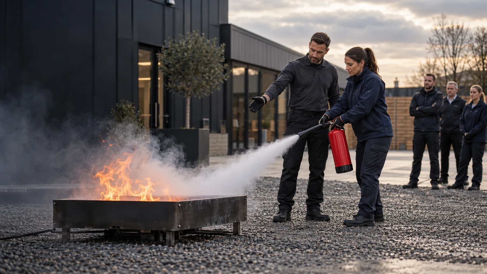 Illustrative scene of supervised practical fire extinguisher training